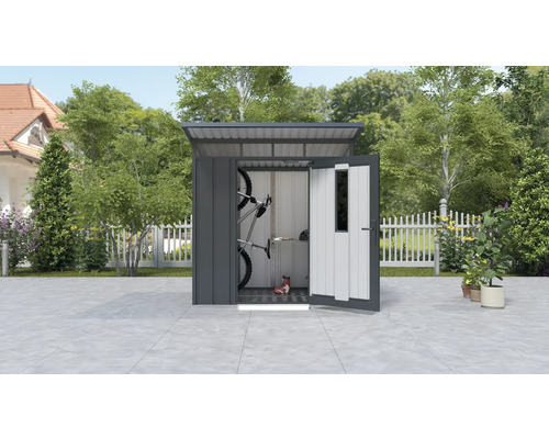 Trädgårdsredskapsbod i metall med öppen dörr och cyklar