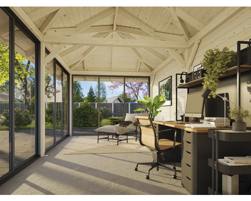 Ljust trädgårdshus med arbetsplats, kontorsmöbler och stora fönster