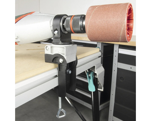 Fäste för sliphylsor med bordsfäste för stationär användning av borrmaskiner.