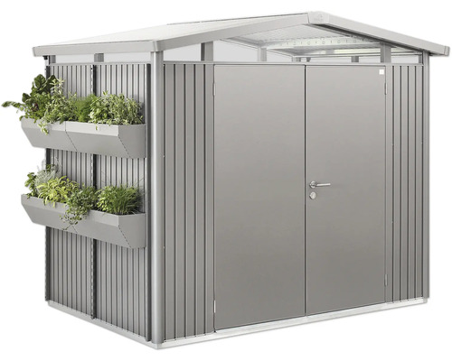 Metallförråd med planteringslådor och dubbeldörr