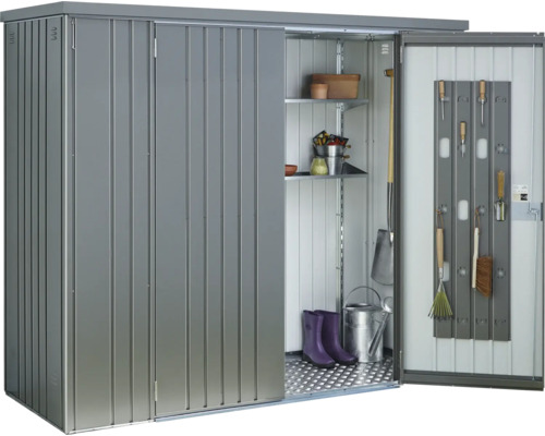 Metallträdgårdsskåp med hyllor och verktyg