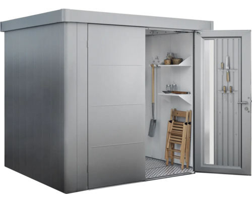 Trädgårdsskåp i metall med skjutdörr och hyllor
