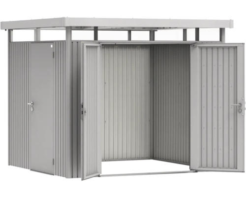 Metallförråd med två dörrar och ett tak