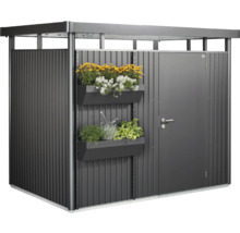 Metallförråd med dörr och blomlådor