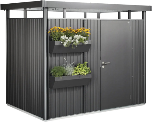 Metallförråd med blomlådor för förvaring av trädgårdsredskap