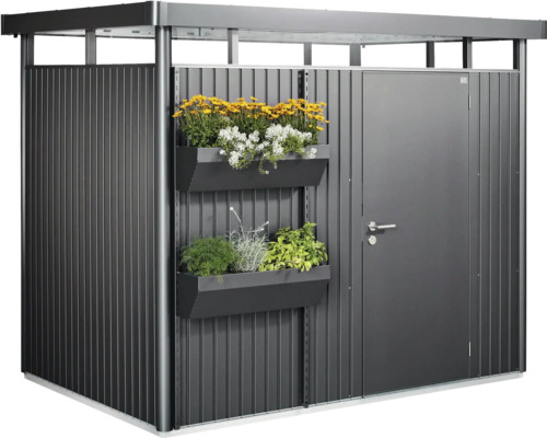 Metallförråd med dörr och blomlådor