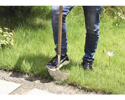 Person med ogräsjärn i gräsmattan.