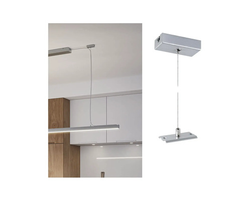 LED-hänglampa i ett kök och detaljvy av upphängningen