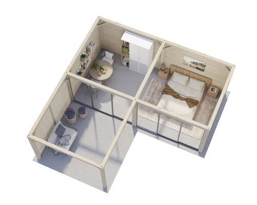 Interiörbild av ett trähus med sovrum, vardagsrum och terrass