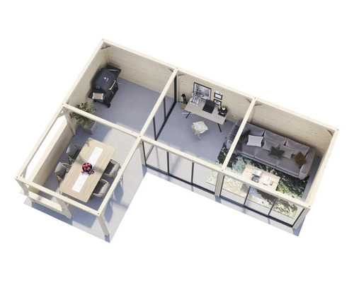 Visualisering av ett trädgårdshus med grillplats, matplats, arbetsrum och vardagsrum.