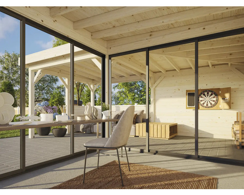 Ljus interiörscen med trähus, darttavla, trämöbler och utsikt mot utsidan