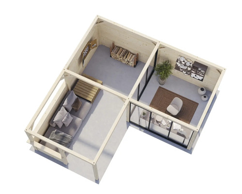 Illustration av timmerstuga med inredning ur fågelperspektiv.