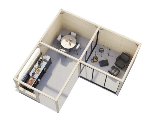 Visualisering av ett trädgårdshus med tre rum, inklusive kök, matplats och musikrum.