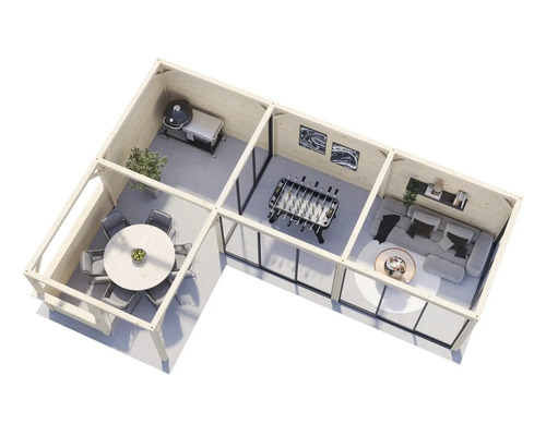 Interiörbild av ett trädgårdshus i trä med grillplats, matplats, lekrum och vardagsrum.