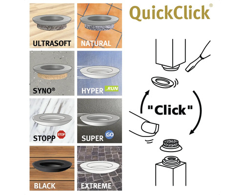 QuickClick möbelglidare med olika ytor och monteringsanvisningar