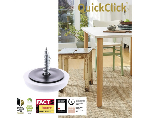 QuickClick möbelglider med skruv framför en möbelscen