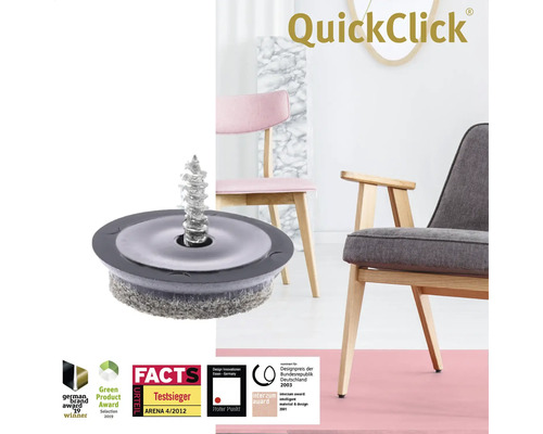 QuickClick möbelglid med skruv framför två stolar och utmärkelser