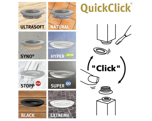 QuickClick montering av möbelglidare med olika egenskaper och användningsområden.