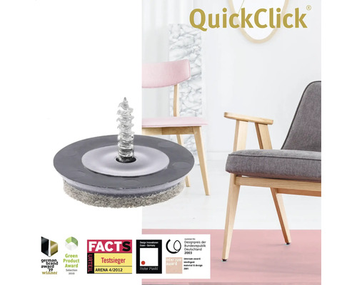 QuickClick möbelglidare med skruv framför stolar
