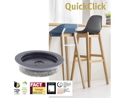 QuickClick stolsglidare med filt och diverse utmärkelser i bakgrunden