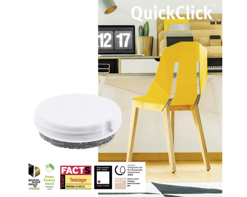 QuickClick möbelglidare med olika utmärkelser framför en arbetsplats