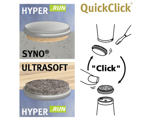 QuickClick utbytbara möbelglidare med Hyper Run och Ultrasoft-teknik
