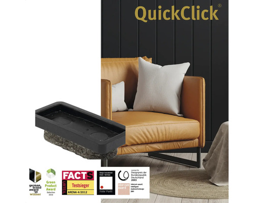 QuickClick möbelglid med utmärkelser framför en fåtölj