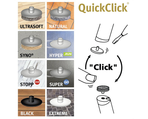 QuickClick-system med olika fästen för möbelglidare: Ultrasoft, Natural, Syno, Hyper Run, Stopp, Super Go, svart, Extreme