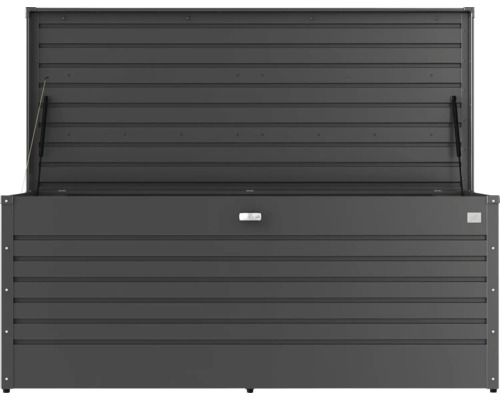 Öppen trädgårdsbox av metall för förvaring av trädgårdsredskap och möbler