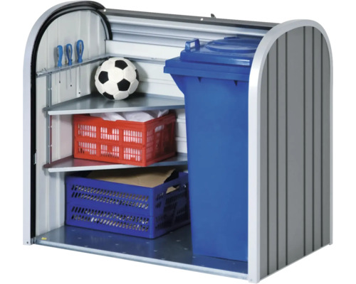 Soptunna med hyllor för förvaring av föremål och en soptunna