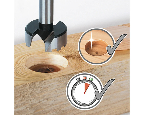 Forstnerborr borrar ett hål i trä med grafiska element för ett rent hål och snabba resultat