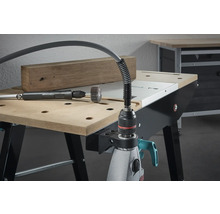 Wolfcraft flexibla borrsväng på en arbetsbänk med slipverktyg