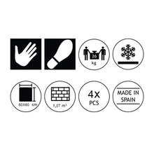 Piktogram och symboler för produktegenskaper: handkontakt, halksäkerhet, vikt 26 kg, frostbeständighet, plattstorlek 60x60 cm, yta 1,07 m², 4 stycken per förpackning, Tillverkad i Spanien