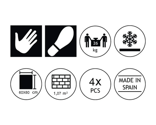 Piktogram och symboler för produktegenskaper: handkontakt, halksäkerhet, vikt 26 kg, frostbeständighet, plattstorlek 60x60 cm, yta 1,07 m², 4 stycken per förpackning, Tillverkad i Spanien