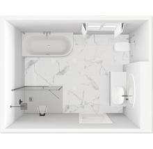 Översikt över ett badrum med badkar, duschområde, handfat och toalett.