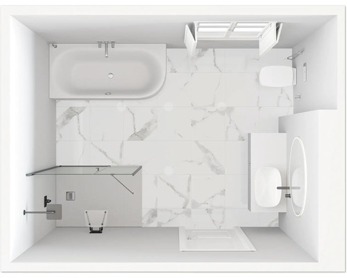 Översikt över ett badrum med badkar, duschområde, handfat och toalett.