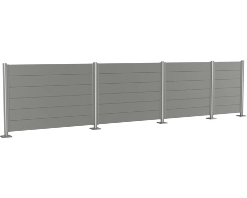 Grå insynsskyddselement med rostfria stolpar för tomtavgränsning