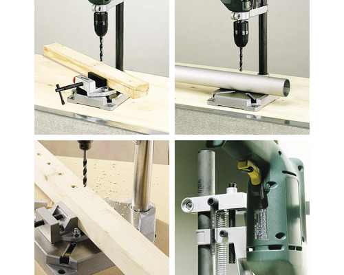 Olika vyer av en borrmaskin med borrstativ som bearbetar trä och metall.