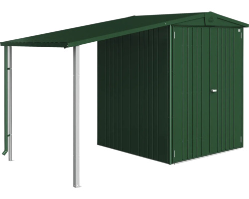 Trädgårdsredskapsbod med tak av metall