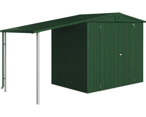 Redskapsbod i metall med tillbyggnad