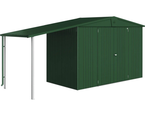 Trädgårdsredskapsbod med tak för extra förvaringsutrymme utomhus.