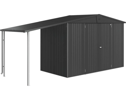 Trädgårdsskjul i metall med tillbyggnad