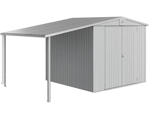 Metallförråd med tillbyggnad för trädgårdsredskap och verktyg