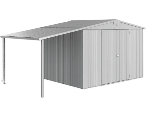 Redskapsbod i metall med tillbyggnad