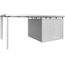 Metallcarport med redskapsbod och dörr
