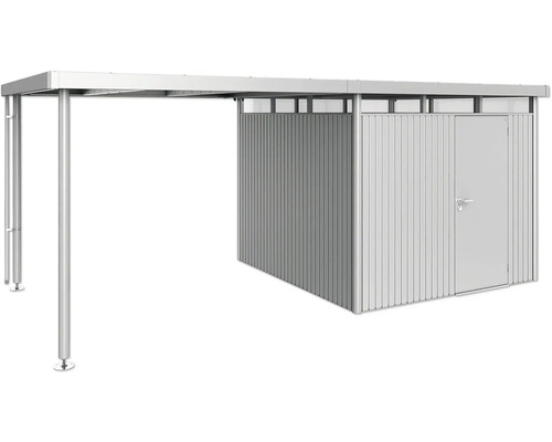 Metallcarport med redskapsbod och dörr