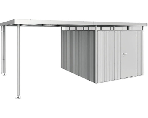 Metallcarport med förråd för trädgårdsredskap och verktyg