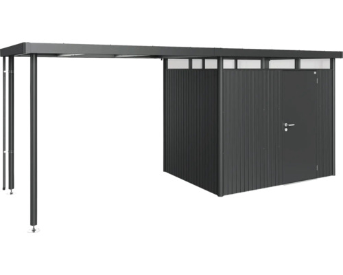 Metallförråd med annex för trädgårdsredskap och verktyg