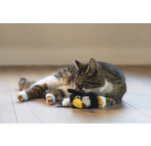 Brindle katt ligger med leksak på golvet.