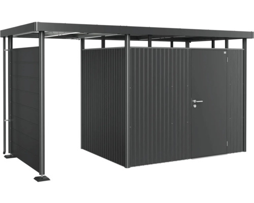 Metallgarage för cyklar med låsbar dörr och öppen parkeringsplats